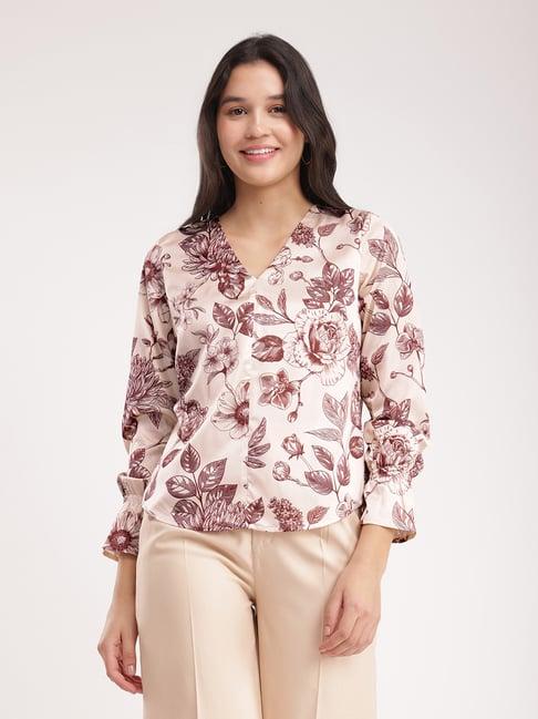 fablestreet beige & brown floral print top