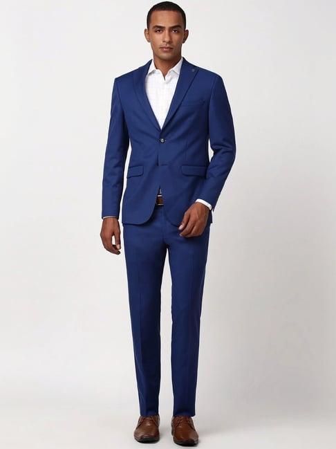 peter england blue slim fit self pattern two piece suits