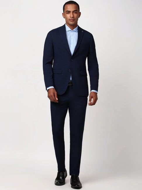 peter england navy slim fit checks two piece suits