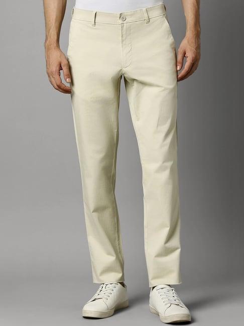 louis philippe cream cotton slim fit trousers