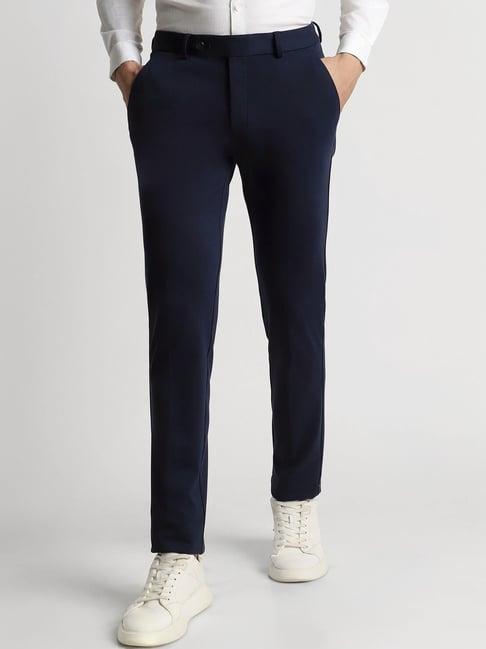 peter england navy slim fit self pattern trousers