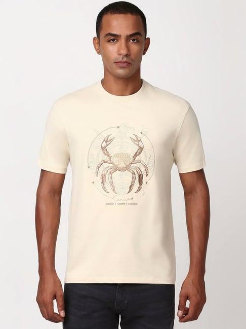 peter england beige cotton regular fit embroidered t-shirt