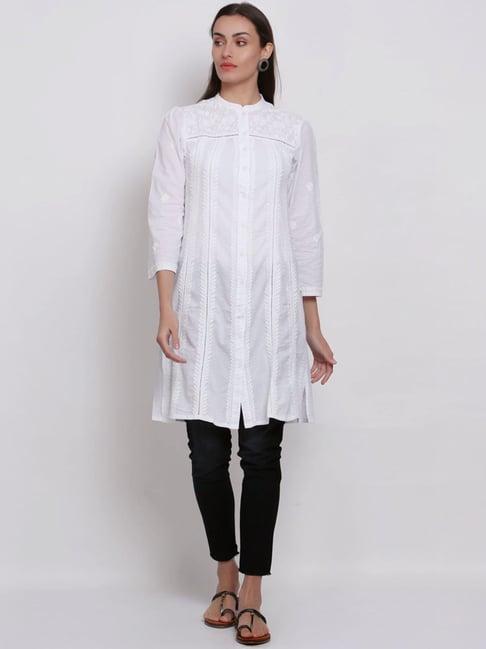 paramount chikan white cotton hand embroidered chikankari straight kurti