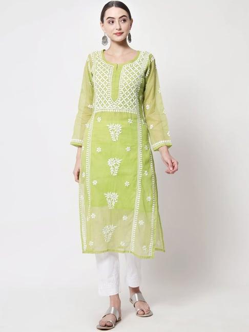 paramount chikan parrot green hand embroidered chikankari straight kurta