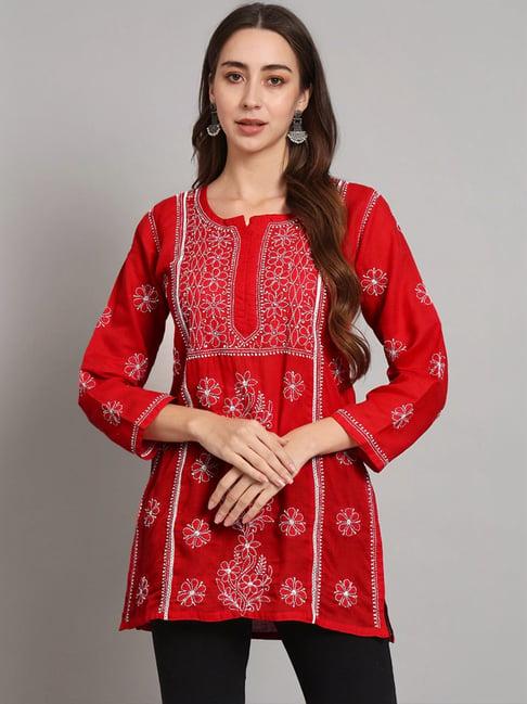 paramount chikan red cotton hand embroidered chikankari straight kurti