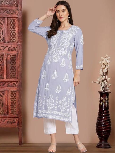 paramount chikan lavender hand embroidered chikankari straight kurta