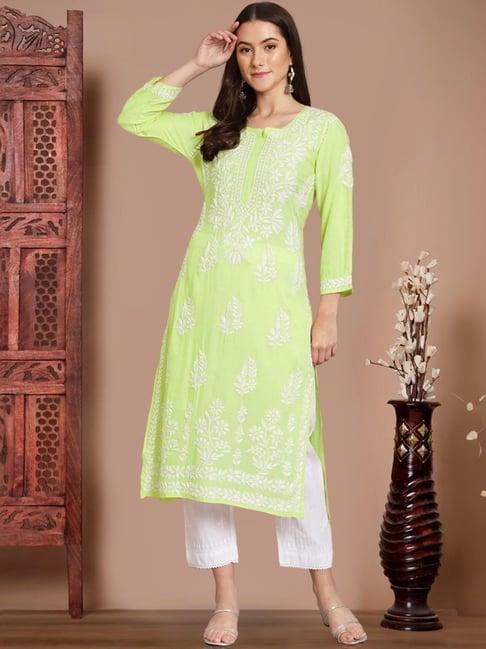 paramount chikan pista green hand embroidered chikankari straight kurta