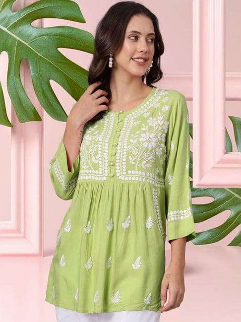 paramount chikan green hand embroidered chikankari a line kurti