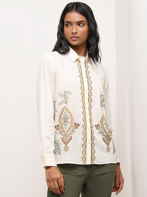 lov by westside off-white embroidered blended linen shirt