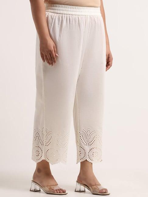 diza by westside off-white schiffli detailed straight cotton palazzos