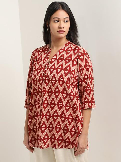 diza by westside maroon geometric ikat printed straight kurti