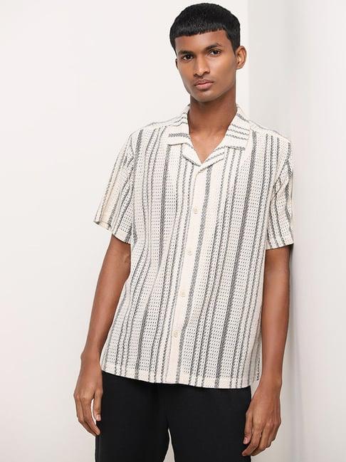 eta by westside beige striped textured relaxed-fit cotton blend shirt