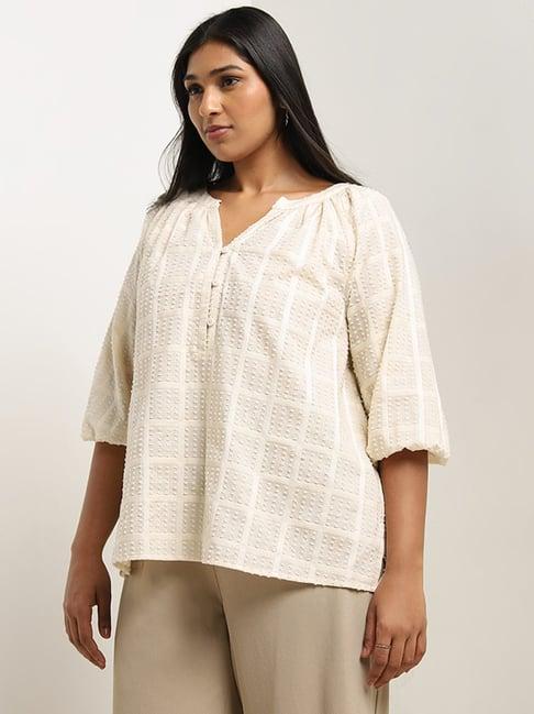 gia by westside cream swiss dot textured cotton blend blouse