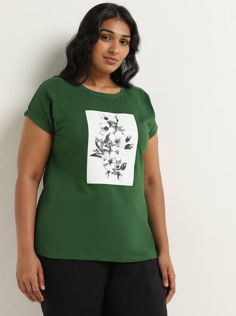 gia by westside dark green floral design cotton t-shirt