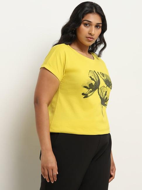 gia by westside yellow floral print cotton t-shirt