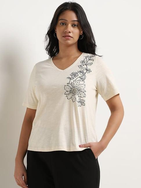 gia by westside cream floral embroidered cotton t-shirt