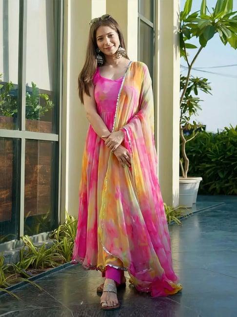 odette pink printed anarkali kurta with dupatta