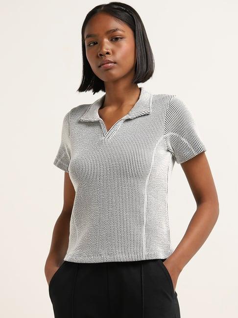 studiofit by westside black & white ribbed textured cotton t-shirt