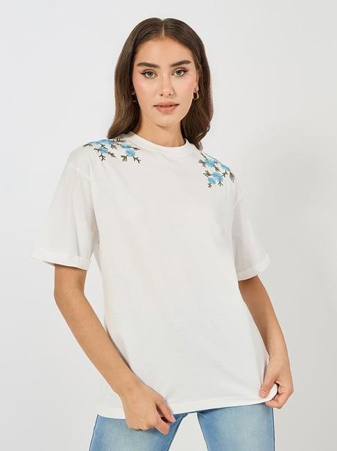 styli off white & blue cotton embroidered oversized t-shirt