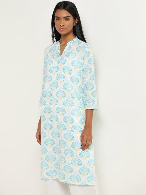 utsa by westside turquoise ikat printed straight cotton kurta