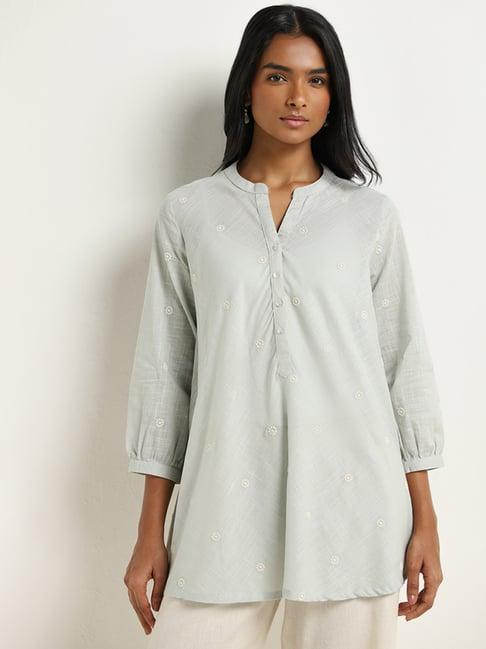 utsa by westside light blue embroidered a-line cotton kurti