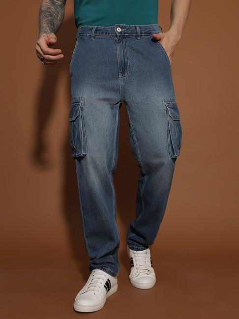 belliskey mid blue slim fit lightly washed cargo jeans