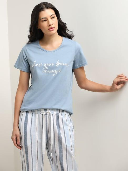 wunderlove by westside dusty blue text printed cotton t-shirt