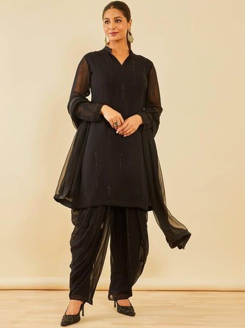 soch black embellished kurti dhoti pant set with dupatta