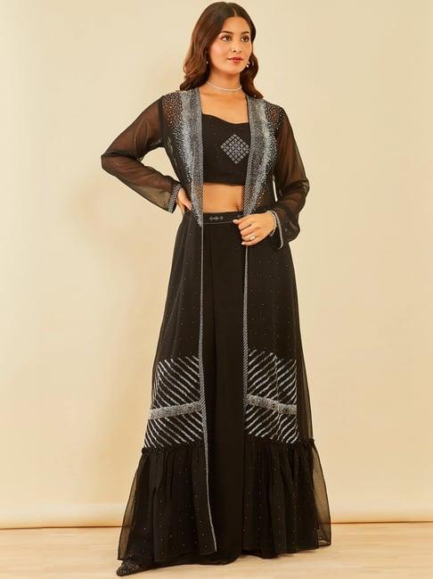 soch black embellished crop top palazzo set with jacket