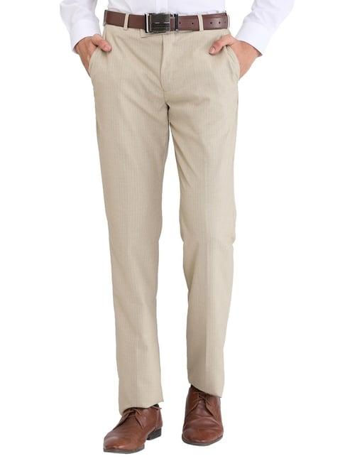 park avenue beige regular fit striped trousers