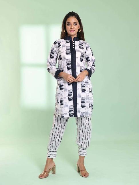 charukriti white cotton printed kurti salwar set