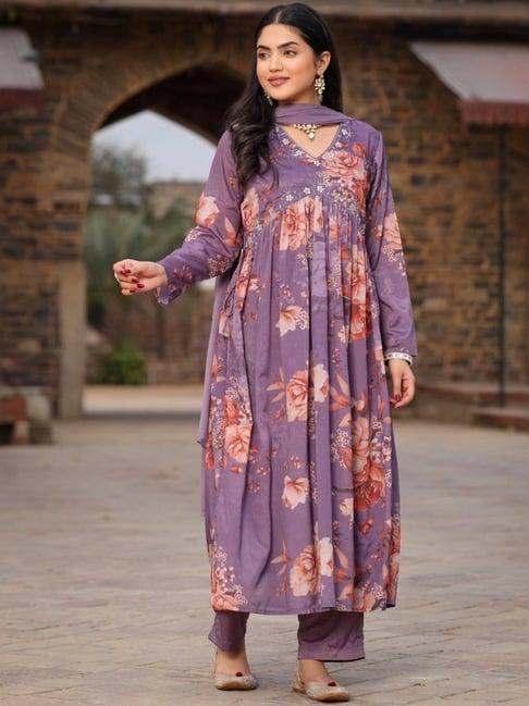 juniper purple printed kurta pant set with dupatta