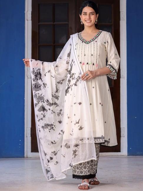 juniper white & black cotton embroidered kurta palazzo set with dupatta