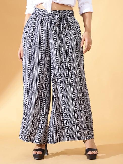 curve by kassually white & black printed pants with tie-up belt