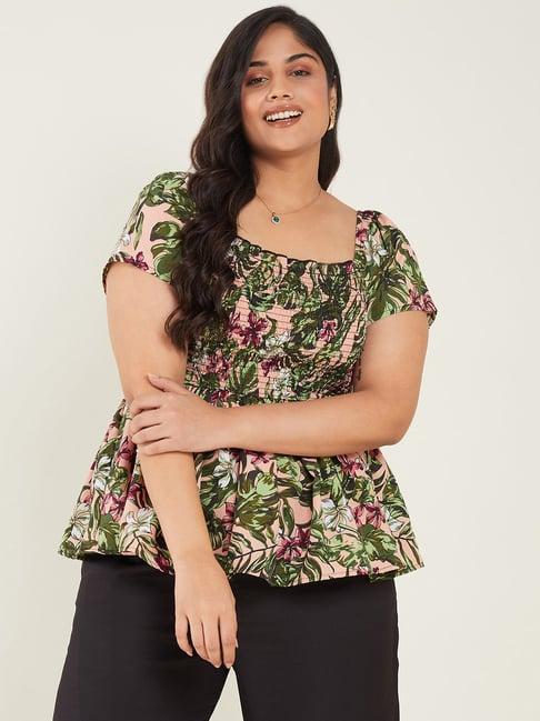 curve by kassually green & beige floral print peplum top