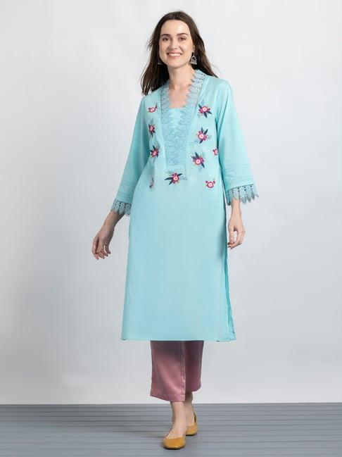 shaye blue & pink cotton embroidered kurta