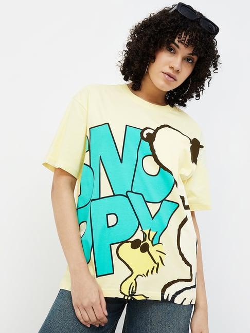 ginger by lifestyle yellow & green cotton graphic print t-shirt