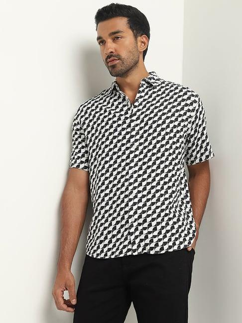 ascot by westside black & white printed relaxed-fit blended linen shirt