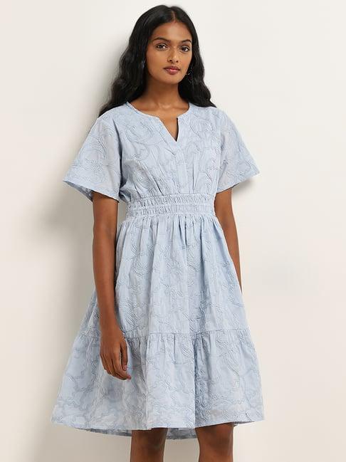 lov by westside light blue embroidered tiered cotton dress