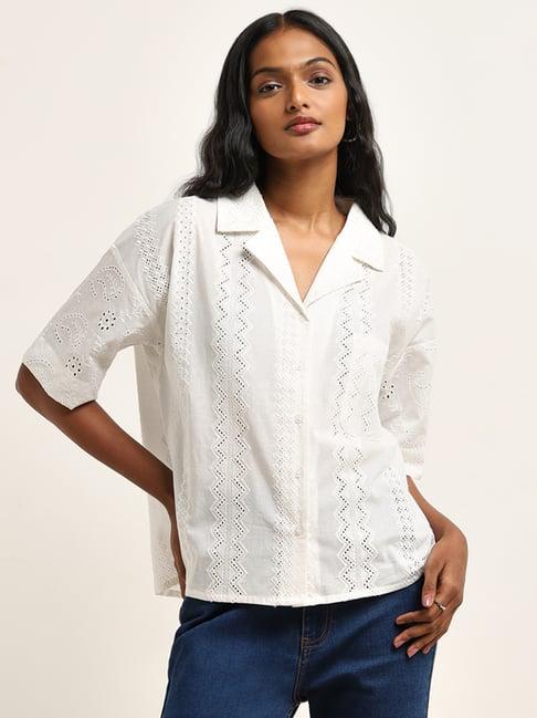 lov by westside white schiffli design cotton shirt