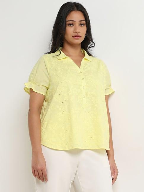 gia by westside yellow floral embroidered cotton blouse