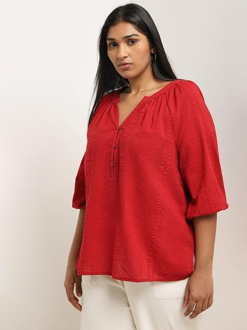 gia by westside red seersucker textured cotton top