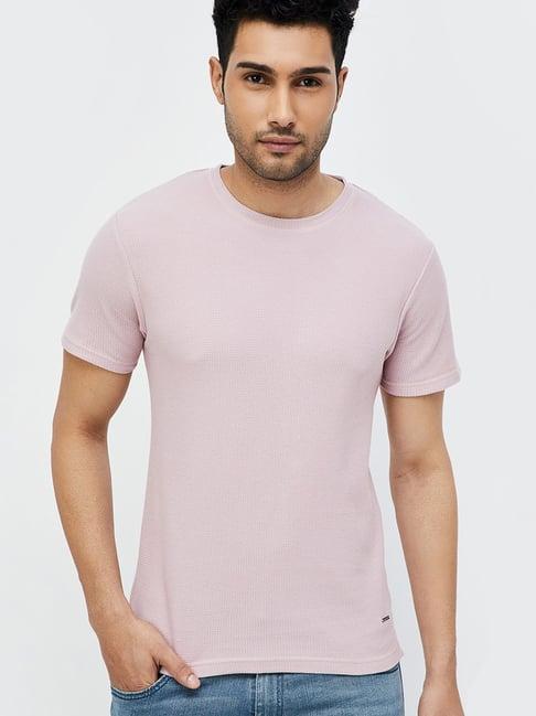 code by lifestyle light pink regular fit textured crew t-shirt