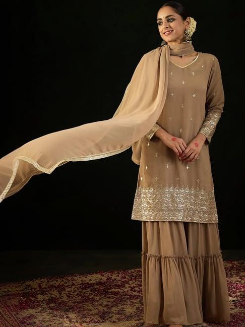 indo era beige embellished kurti sharara set with dupatta