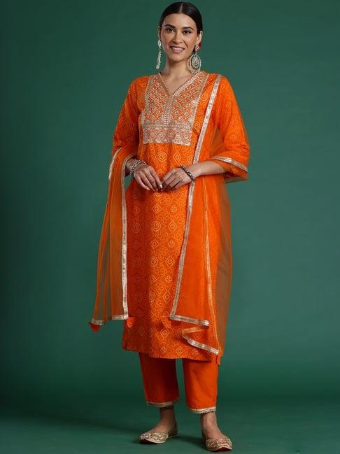 indo era orange cotton printed kurta pant set with dupatta