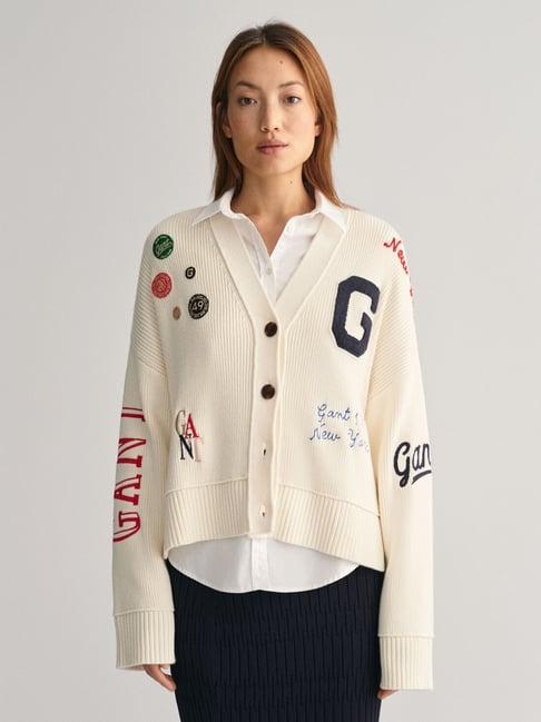 gant cream cotton graphic print cardigan