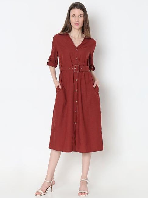 vero moda maroon regular fit shirt dress with belt