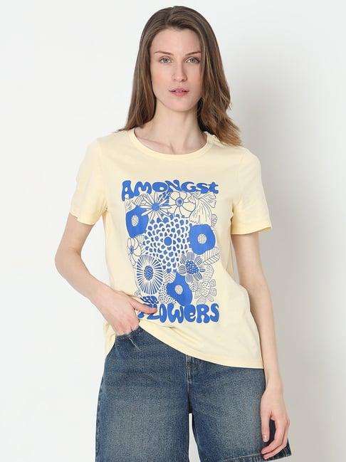 vero moda yellow & blue cotton floral print t-shirt