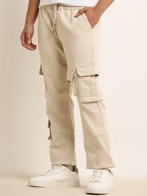 nuon by westside beige relaxed-fit mid-rise cotton blend cargo chinos