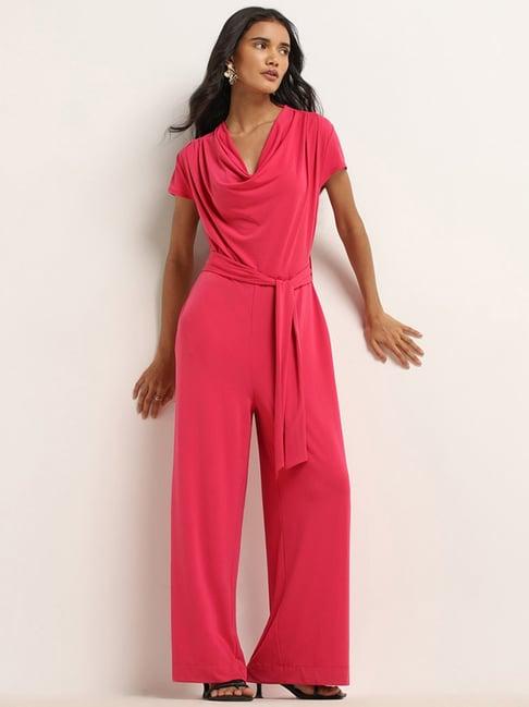 wardrobe by westside fuchsia cowl neck jumpsuit with belt